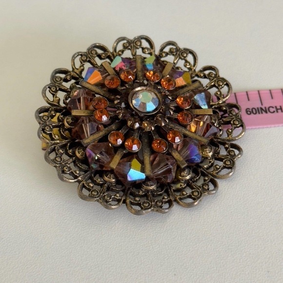 Vintage Weiss Signed Amber Orange AB Rhinestone Crystal Statement Brooch Pin - Picture 9 of 9